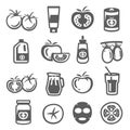 Tomato ketchup paste bold black silhouette and line icons set isolated on white