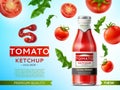 Tomato ketchup poster. Realistic glass bottle with vegetable sauce, advertising banner design, product packaging, brand Royalty Free Stock Photo