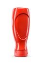 Tomato ketchup in red plastic upside down squeeze bottle isolated on a white