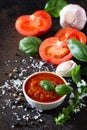 Tomato ketchup sauce in a bowl with spices, basil leaves and tomatoes Royalty Free Stock Photo