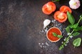 Tomato ketchup sauce in a bowl with spices, basil leaves and tomatoes on the kitchen table. Royalty Free Stock Photo