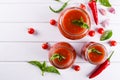 Tomato ketchup sauce with cherry tomatoes and red hot chili peppers, garlic and herbs in a glass jar on white background. Royalty Free Stock Photo