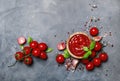 Tomato ketchup sauce with garlic, spices and herbs with cherry t Royalty Free Stock Photo
