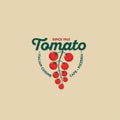 Tomato logo. Italian cuisine restaurant logo. Pizzeria or cafe emblem. Letters and cherry tomatoes.