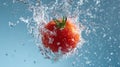 Tomato Making a Splash in Clear Water With High-Speed Effect Showcasing Vibrant Colors and Dynamic Motion Royalty Free Stock Photo