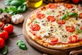 Tomato, mozzarella and mushroom pizza and its ingredients