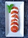 Tomato Mozzarella salad on a square plate with micro greens Royalty Free Stock Photo