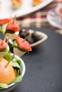 Tomato mozzarella skewer and other freh finger food. Royalty Free Stock Photo