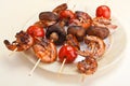 Tomato, mushroom and prawn kebabs