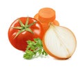 Tomato, onion, carrot and green basil isolated on white background Royalty Free Stock Photo