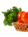 Tomato and parsley in wooden branch basket isolated on white background Royalty Free Stock Photo