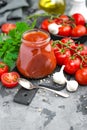 Tomato paste and fresh tomatoes, tomatos puree Royalty Free Stock Photo