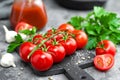 Tomato paste and fresh tomatoes, tomatos puree Royalty Free Stock Photo