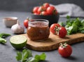 Tomato paste of hot pepper marinara with garlic, tomatoes and herbs in jars on a wooden board on a dark background Royalty Free Stock Photo