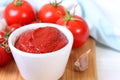 Tomato paste on the table top view. Tomato sauce.