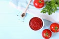 Tomato paste on the table top view. Tomato sauce.