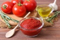 Tomato paste on the table top view. Tomato sauce.