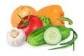 Tomato, pepper, onion, garlic, lettuce and cucumber on an isolated white background. Orange pepper, garlic, cucumber onion and red Royalty Free Stock Photo