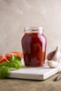 Tomato pizza sauce in jar. Homemade sauce for cooking pizza. Royalty Free Stock Photo