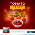Tomato product poster. Realistic tin can with vegetable paste, preserved red sauce, fresh 3d fruits on twig, natural