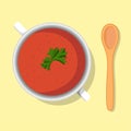 Tomato puree soup bowl with parsley healthy diet meal on plate. Vector illustration. Simple flat stock image. Hot vegetable cream Royalty Free Stock Photo
