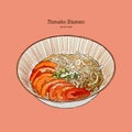 Tomato ramen for vegeterian, hand draw sketch vector