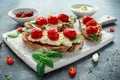 Tomato Ricotta Bruschetta with sun dried tomatoes paste, olive oil brown bread and basil in a white wooden board. Royalty Free Stock Photo