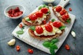 Tomato Ricotta Bruschetta with sun dried tomatoes paste, olive oil brown bread and basil in a white wooden board. Royalty Free Stock Photo