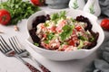 Tomato salad with cottage cheese, green onions, parsley and spices in a white bowl on gray background, Closeup Royalty Free Stock Photo