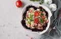 Tomato salad with cottage cheese, green onions, parsley and spices in a white bowl on gray background, Space for text Royalty Free Stock Photo