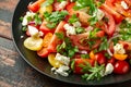 Tomato salad with feta cheese, spring onion and parsley. Healthy summer food Royalty Free Stock Photo