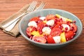 Tomato salad, mango and mozzarella with pomegranate seeds Royalty Free Stock Photo