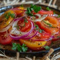 Tomato Salad with Red Onion on Rustic Background, Vegetable Salat with Sliced Tomatoes, Soft Cheese