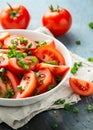 Tomato salad with spring onion and herbs in white bowl. Healthy summer food Royalty Free Stock Photo