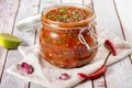 Tomato salsa in a glass jar Royalty Free Stock Photo