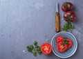 Tomato, salt, parsley and knife on gray concrete background