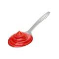 Tomato sauce in an iron spoon on a white plate, ketchup. Vector