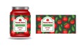 Tomato sauce jar. Italian chilli can. Packaging label template. Hot pepper spicy product. Container of organic basil Royalty Free Stock Photo