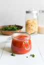 Tomato Sauce In Jar On White Wooden Table Royalty Free Stock Photo
