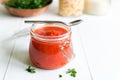 Tomato Sauce In Jar On White Wooden Table Royalty Free Stock Photo