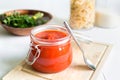 Tomato Sauce In Jar On White Wooden Table Royalty Free Stock Photo