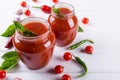 Tomato sauce, ketchup in glass jar and ingredients Royalty Free Stock Photo