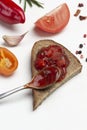 Tomato sauce sandwich and spoon Royalty Free Stock Photo