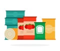 Canned tomatoes, soups and canned fish flat isolated