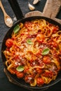 Tomato sauce spaghetti pasta on pan