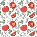 Tomato seamless pattern. Hand drawn fresh vegetables. Vector sketch background. Doodle wallpaper. Red and green print Royalty Free Stock Photo