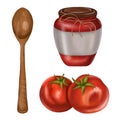 Tomato set of fresh vegetables, wooden spoon, and sauce in a glass jar. Digital illustration on a white background. Farmer\'s