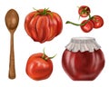 Tomato set of fresh vegetables, wooden spoon, and sauce in a glass jar. Digital illustration on a white background. Farmer\'s