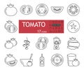 Tomato set icons. A collection of 17 linear images with an editable stroke. The whole vegetable, cut, slices, halves. Tomato soup