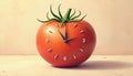 Tomato shaped clock, representing Pomodoro technique. Digital art illustration with pastel background and copy space for text. Royalty Free Stock Photo